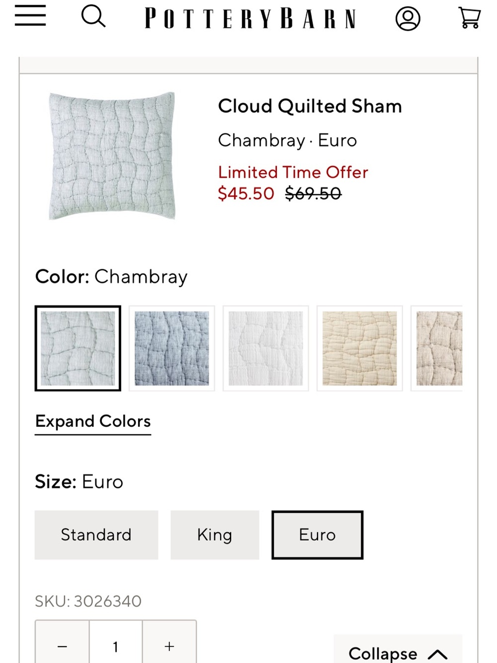 Pottery Barn Cloud Quilt Queen Bedspread with 3 Euro Shams Chambray - Picture 7 of 8
